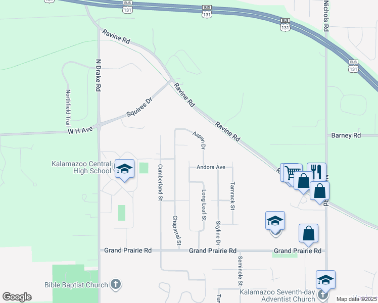 map of restaurants, bars, coffee shops, grocery stores, and more near 2519 Sagebrush Street in Kalamazoo