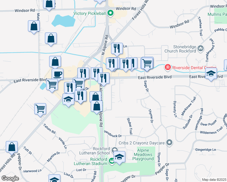 map of restaurants, bars, coffee shops, grocery stores, and more near 1731 East Riverside Boulevard in Rockford