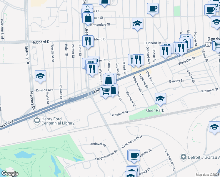 map of restaurants, bars, coffee shops, grocery stores, and more near 15219 Michigan Avenue in Dearborn