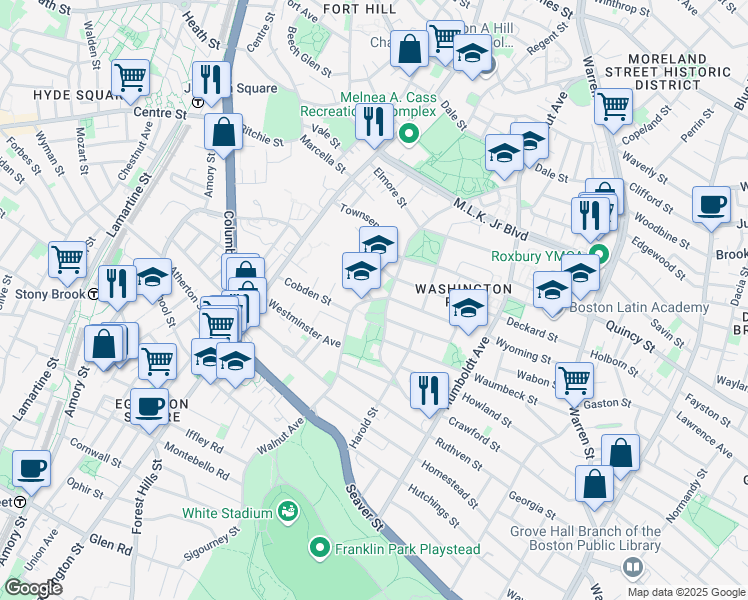 map of restaurants, bars, coffee shops, grocery stores, and more near 302 Walnut Avenue in Boston