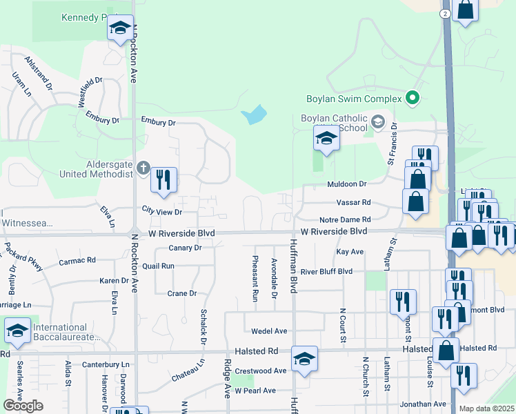 map of restaurants, bars, coffee shops, grocery stores, and more near 1925 West Riverside Boulevard in Rockford