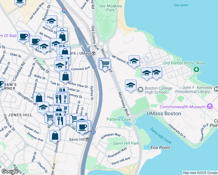map of restaurants, bars, coffee shops, grocery stores, and more near 75-77 William T Morrissey Boulevard in Boston