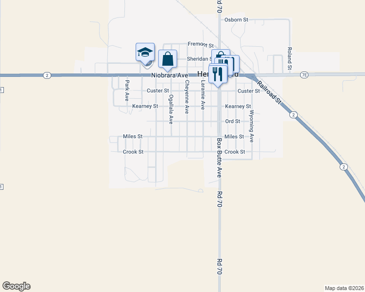map of restaurants, bars, coffee shops, grocery stores, and more near 301 Cheyenne Avenue in Hemingford