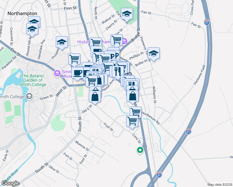 map of restaurants, bars, coffee shops, grocery stores, and more near 23 Randolph Place in Northampton