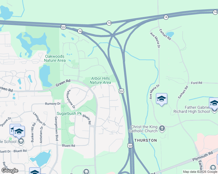 map of restaurants, bars, coffee shops, grocery stores, and more near 3490 Burbank Drive in Ann Arbor