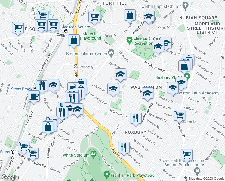 map of restaurants, bars, coffee shops, grocery stores, and more near 287 Walnut Avenue in Boston