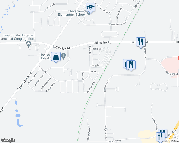 map of restaurants, bars, coffee shops, grocery stores, and more near Key Lane in McHenry