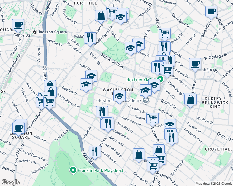 map of restaurants, bars, coffee shops, grocery stores, and more near 94 Harrishof Street in Boston