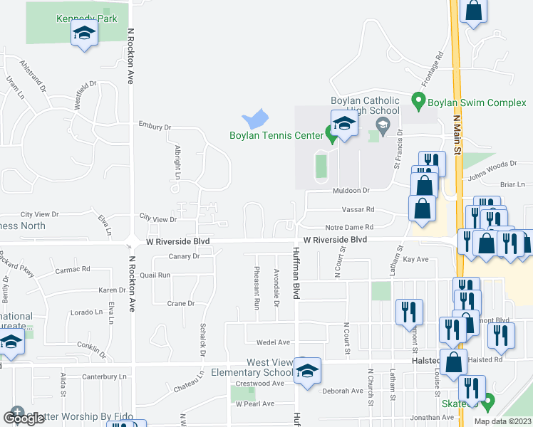 map of restaurants, bars, coffee shops, grocery stores, and more near 1921 West Riverside Boulevard in Rockford