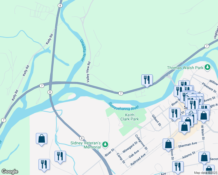 map of restaurants, bars, coffee shops, grocery stores, and more near 294 New York 7 in Sidney