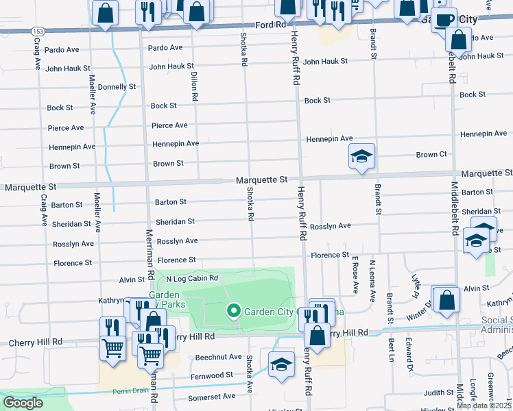 map of restaurants, bars, coffee shops, grocery stores, and more near 30634 Sheridan Street in Garden City