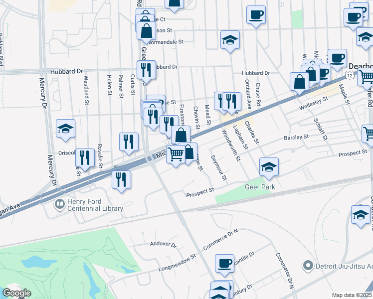 map of restaurants, bars, coffee shops, grocery stores, and more near 15219 Michigan Avenue in Dearborn