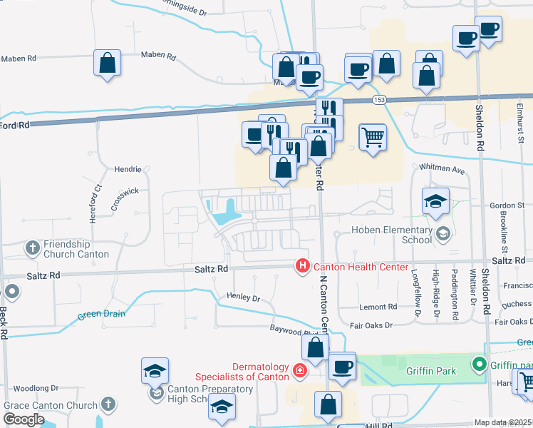map of restaurants, bars, coffee shops, grocery stores, and more near 45746 South Stonewood Road in Canton