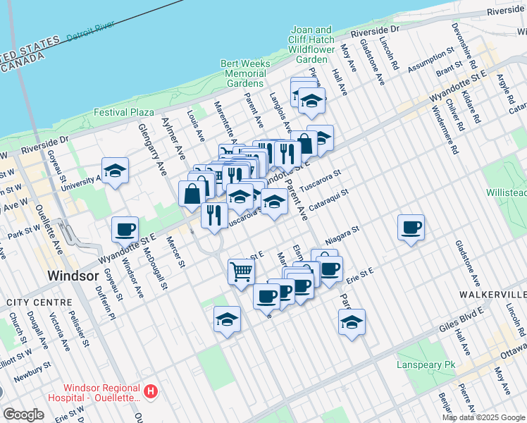 map of restaurants, bars, coffee shops, grocery stores, and more near 701 Marentette Avenue in Windsor