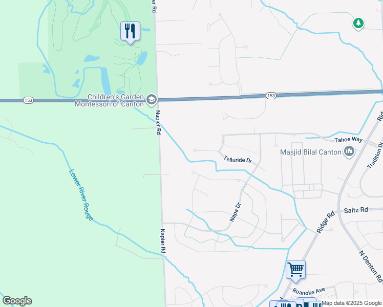 map of restaurants, bars, coffee shops, grocery stores, and more near 51127 Telluride Drive in Wayne County