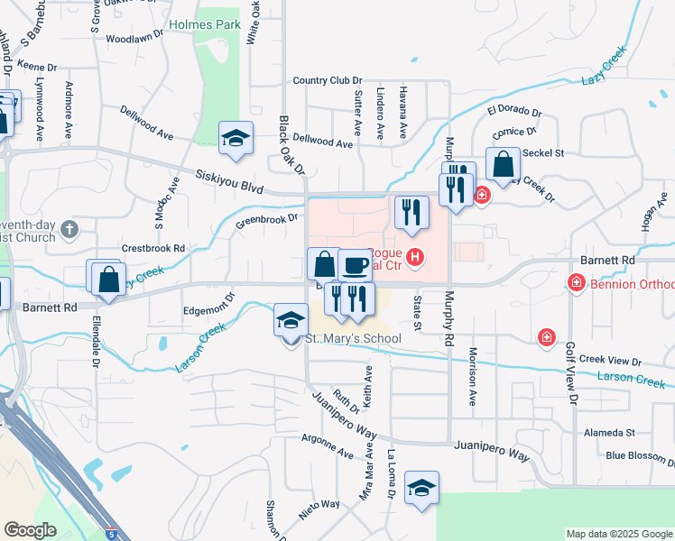map of restaurants, bars, coffee shops, grocery stores, and more near 2727 East Barnett Road in Medford