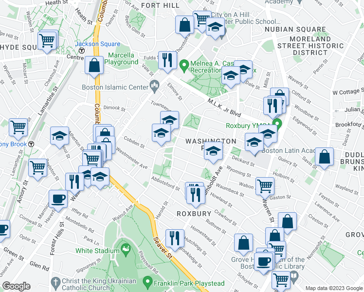 map of restaurants, bars, coffee shops, grocery stores, and more near 77 Holworthy Street in Boston