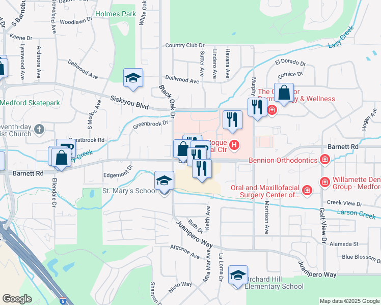 map of restaurants, bars, coffee shops, grocery stores, and more near 2727 East Barnett Road in Medford
