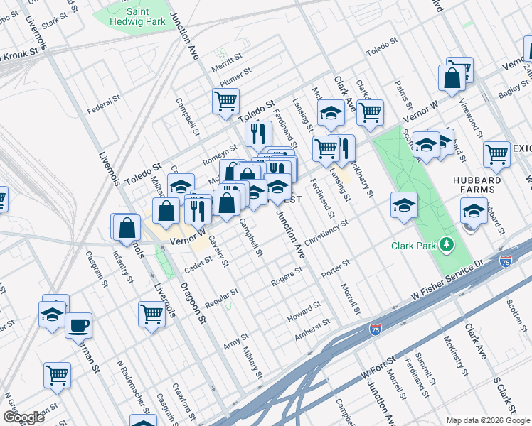 map of restaurants, bars, coffee shops, grocery stores, and more near 5668 Baker Street in Detroit