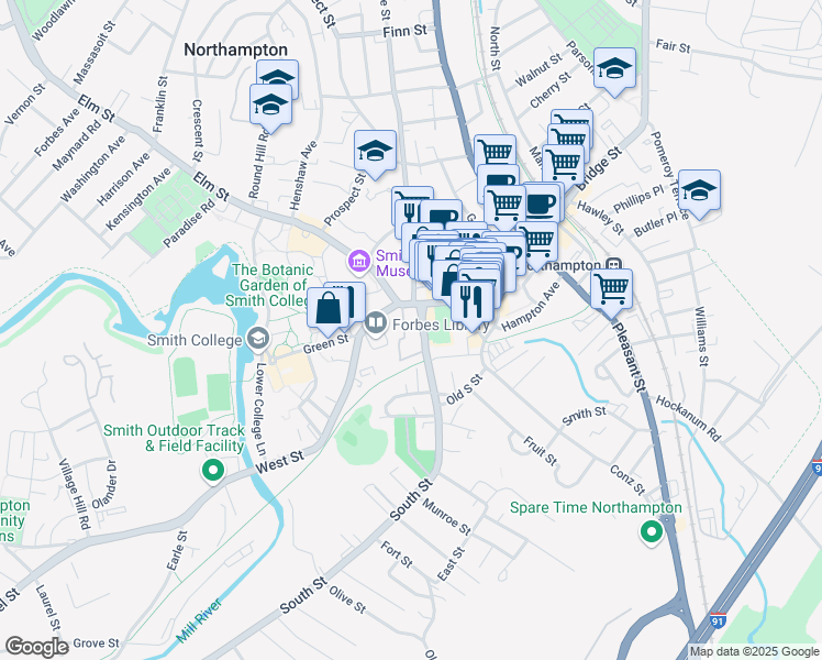 map of restaurants, bars, coffee shops, grocery stores, and more near 17 New South Street in Northampton
