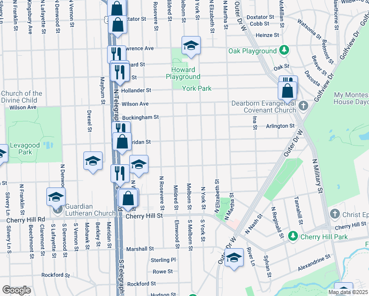 map of restaurants, bars, coffee shops, grocery stores, and more near 640 Mildred Street in Dearborn