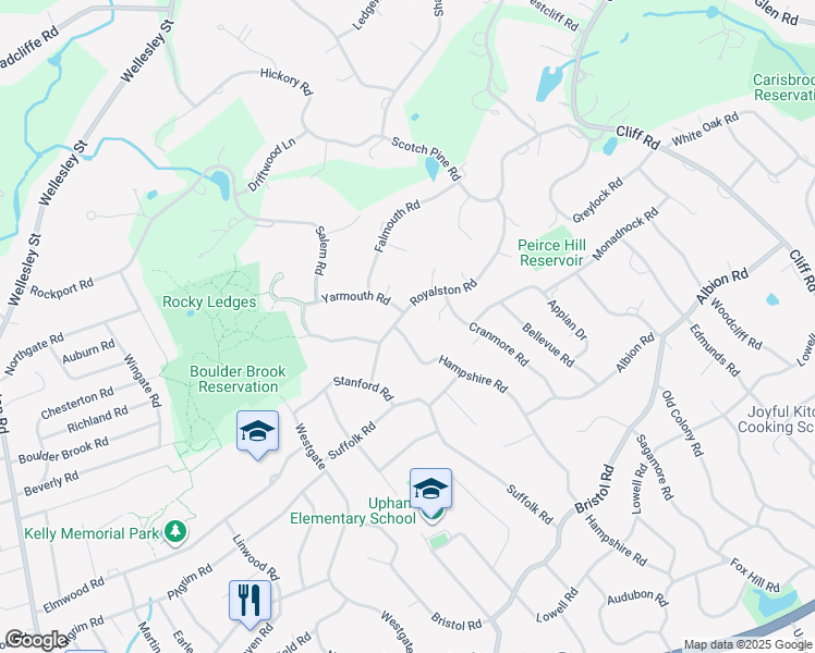 map of restaurants, bars, coffee shops, grocery stores, and more near 33 Royalston Road in Wellesley
