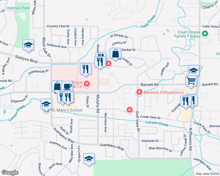 map of restaurants, bars, coffee shops, grocery stores, and more near 2930 East Barnett Road in Medford