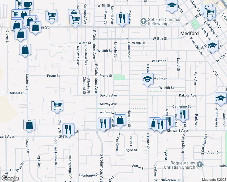 map of restaurants, bars, coffee shops, grocery stores, and more near 1229 Dakota Avenue in Medford