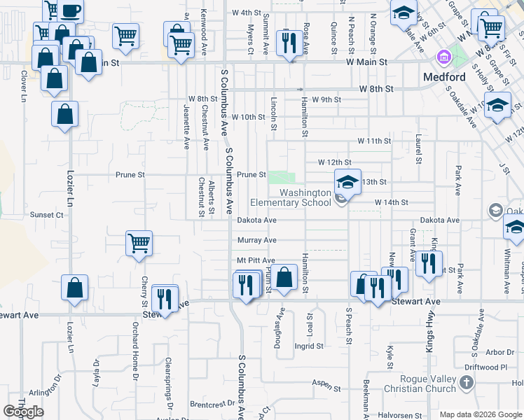 map of restaurants, bars, coffee shops, grocery stores, and more near 1229 Dakota Avenue in Medford