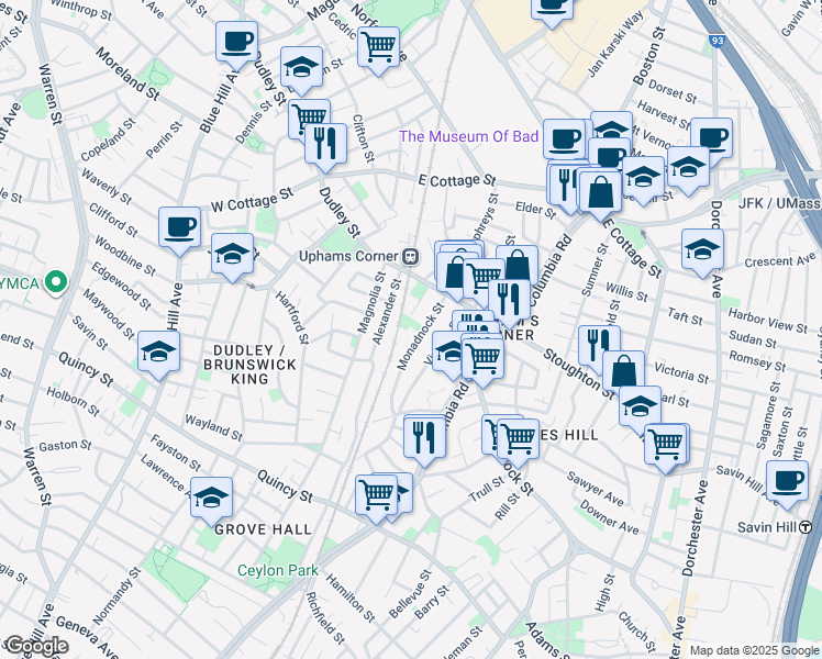 map of restaurants, bars, coffee shops, grocery stores, and more near 28 Monadnock Street in Boston