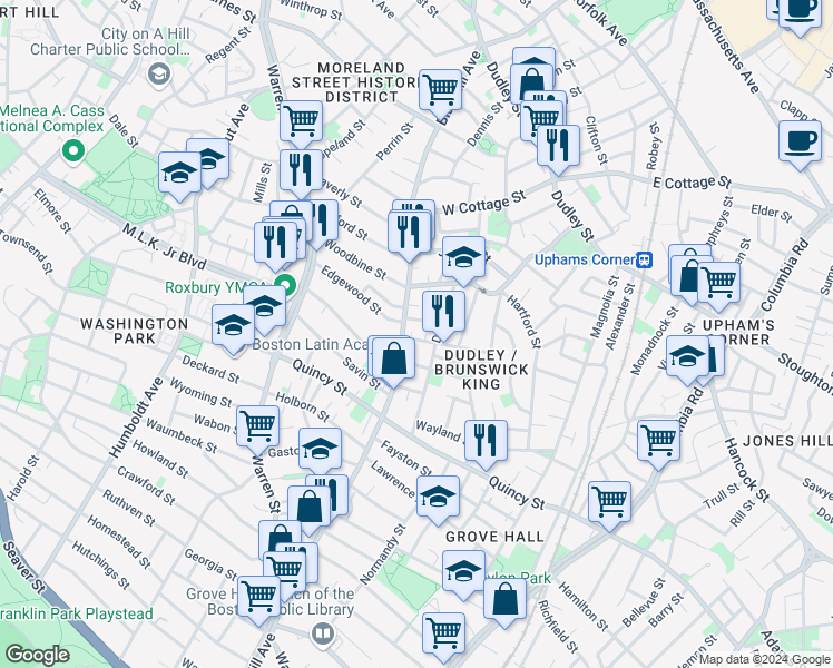 map of restaurants, bars, coffee shops, grocery stores, and more near in Boston