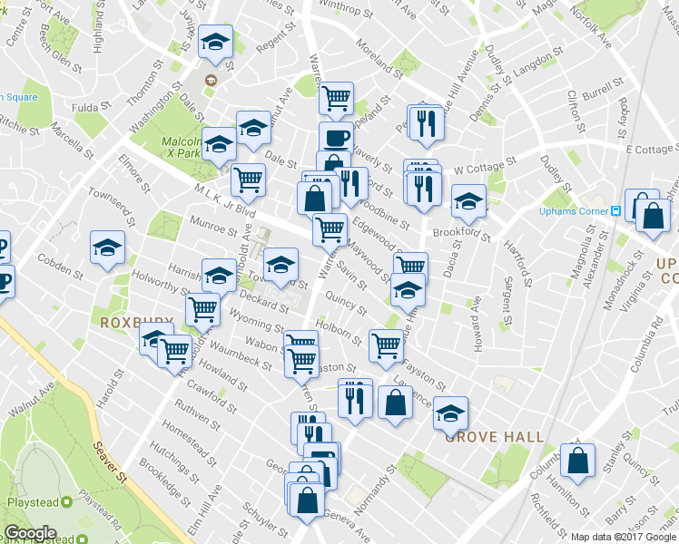 map of restaurants, bars, coffee shops, grocery stores, and more near 88R Quincy Street in Boston