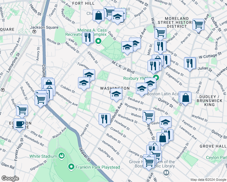 map of restaurants, bars, coffee shops, grocery stores, and more near 94 Harrishof Street in Boston
