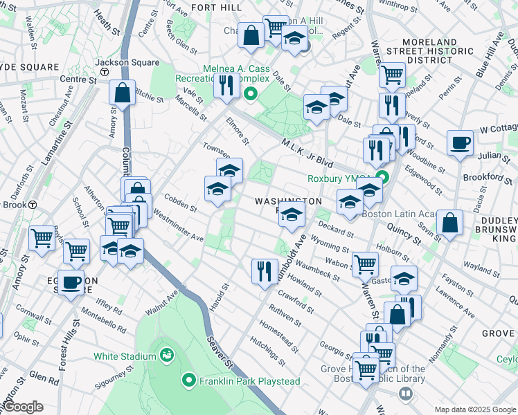 map of restaurants, bars, coffee shops, grocery stores, and more near 45 Holworthy Street in Boston