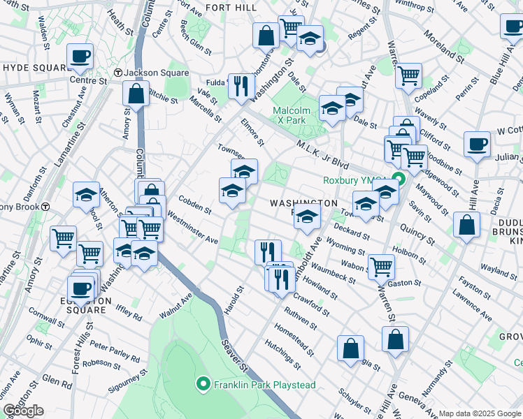 map of restaurants, bars, coffee shops, grocery stores, and more near 74 Holworthy Street in Boston