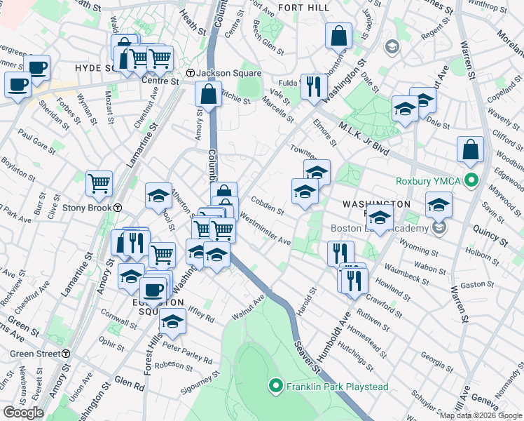 map of restaurants, bars, coffee shops, grocery stores, and more near 18 Westminster Avenue in Boston