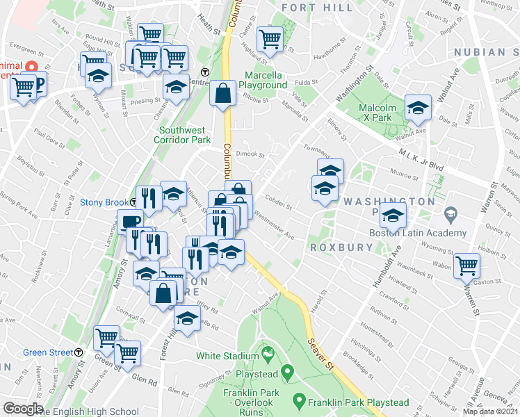 map of restaurants, bars, coffee shops, grocery stores, and more near 3028 Washington Street in Boston