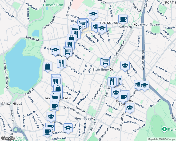 map of restaurants, bars, coffee shops, grocery stores, and more near 24 Burr Street in Boston