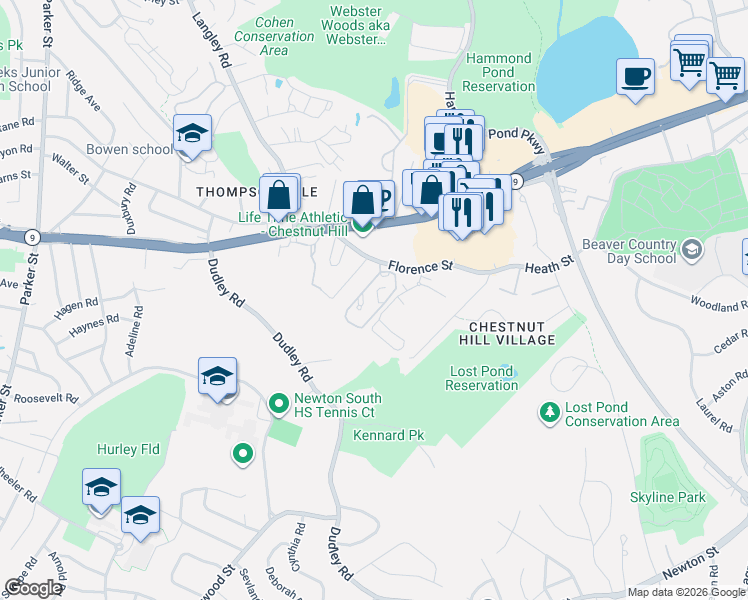map of restaurants, bars, coffee shops, grocery stores, and more near 79 Florence Street in Newton