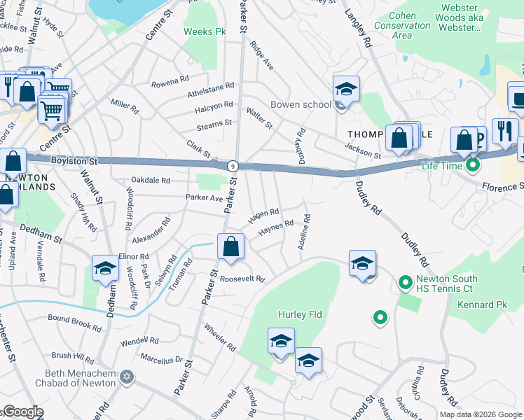 map of restaurants, bars, coffee shops, grocery stores, and more near 43 Hagen Road in Newton