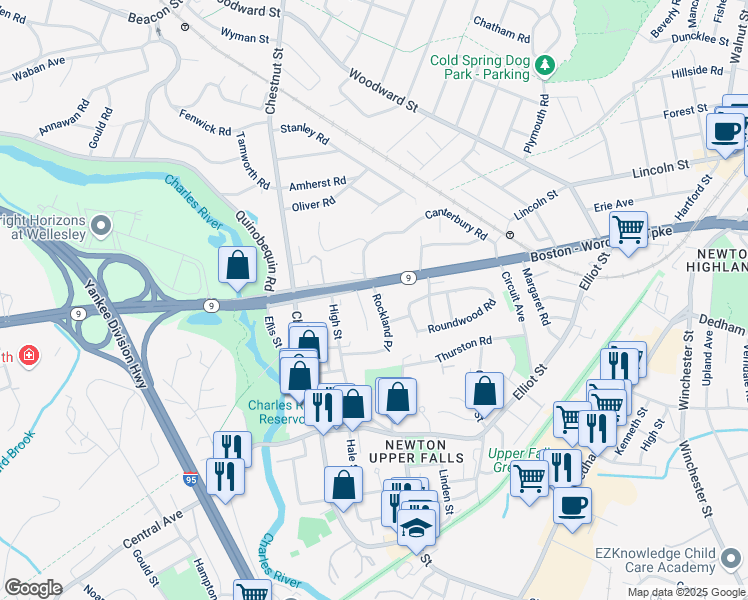 map of restaurants, bars, coffee shops, grocery stores, and more near 25 Lucille Place in Newton