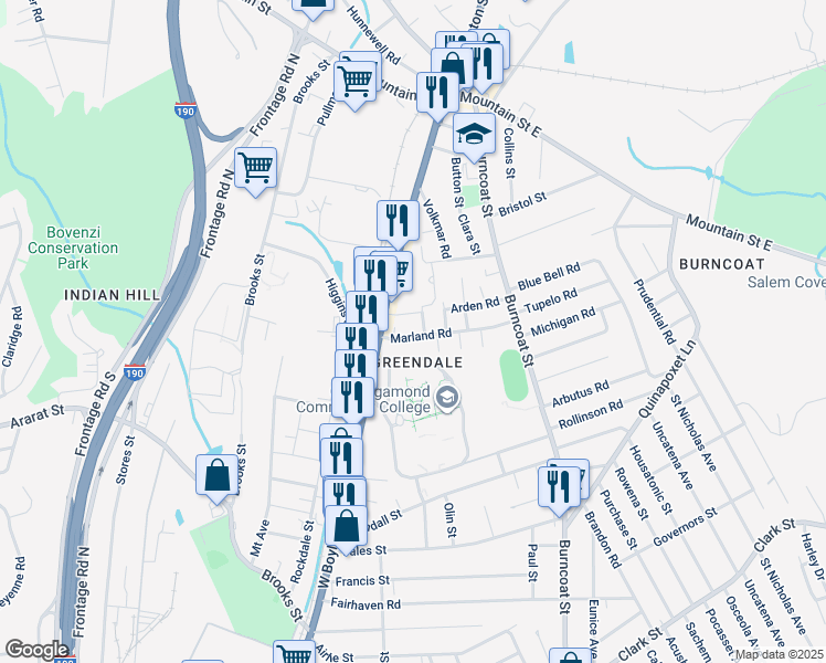 map of restaurants, bars, coffee shops, grocery stores, and more near 20 Marland Road in Worcester