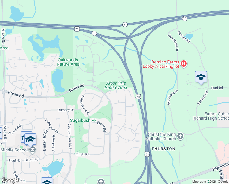 map of restaurants, bars, coffee shops, grocery stores, and more near 3621 Burbank Drive in Ann Arbor