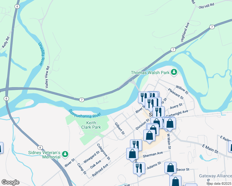 map of restaurants, bars, coffee shops, grocery stores, and more near 294 New York 7 in Sidney