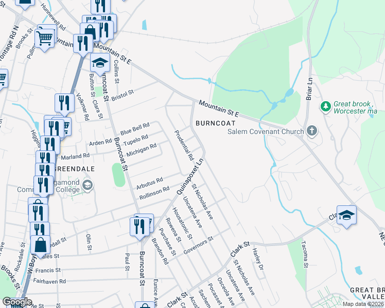 map of restaurants, bars, coffee shops, grocery stores, and more near 9 Prudential Road in Worcester