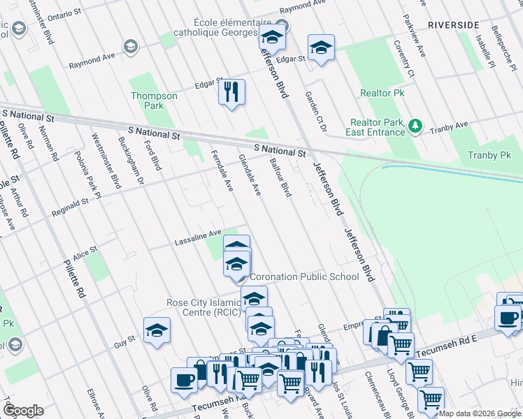 map of restaurants, bars, coffee shops, grocery stores, and more near 1741 Glendale Avenue in Windsor
