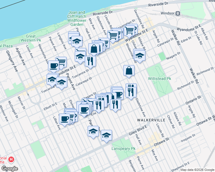map of restaurants, bars, coffee shops, grocery stores, and more near in Windsor