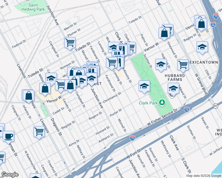 map of restaurants, bars, coffee shops, grocery stores, and more near 1525 Ferdinand Street in Detroit