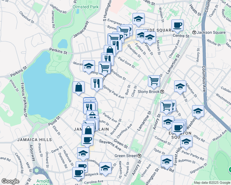 map of restaurants, bars, coffee shops, grocery stores, and more near 32 Spring Park Avenue in Boston