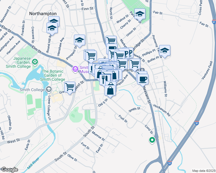 map of restaurants, bars, coffee shops, grocery stores, and more near 1 Roundhouse Plaza in Northampton